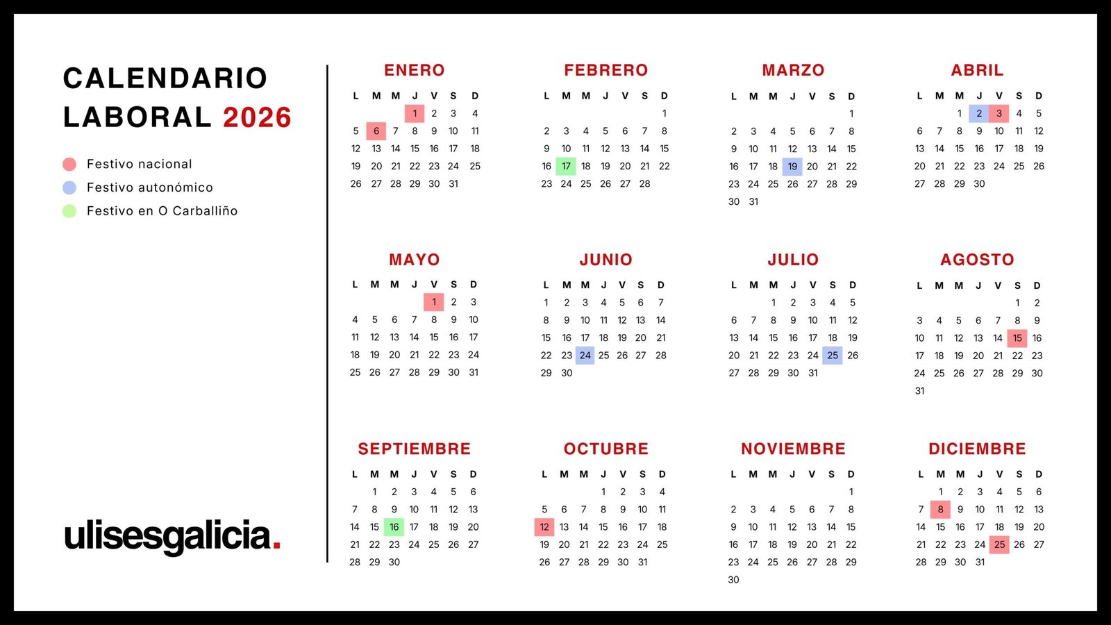 Calendario laboral de 2026 en O Carballiño | Ulises Galicia, noticias sobre economía, empresas, tecnología y marketing en Galicia