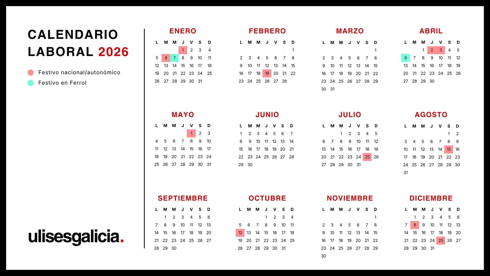 Calendario laboral de 2026 en Ferrol | Ulises Galicia, noticias sobre economía, empresas, tecnología y marketing en Galicia