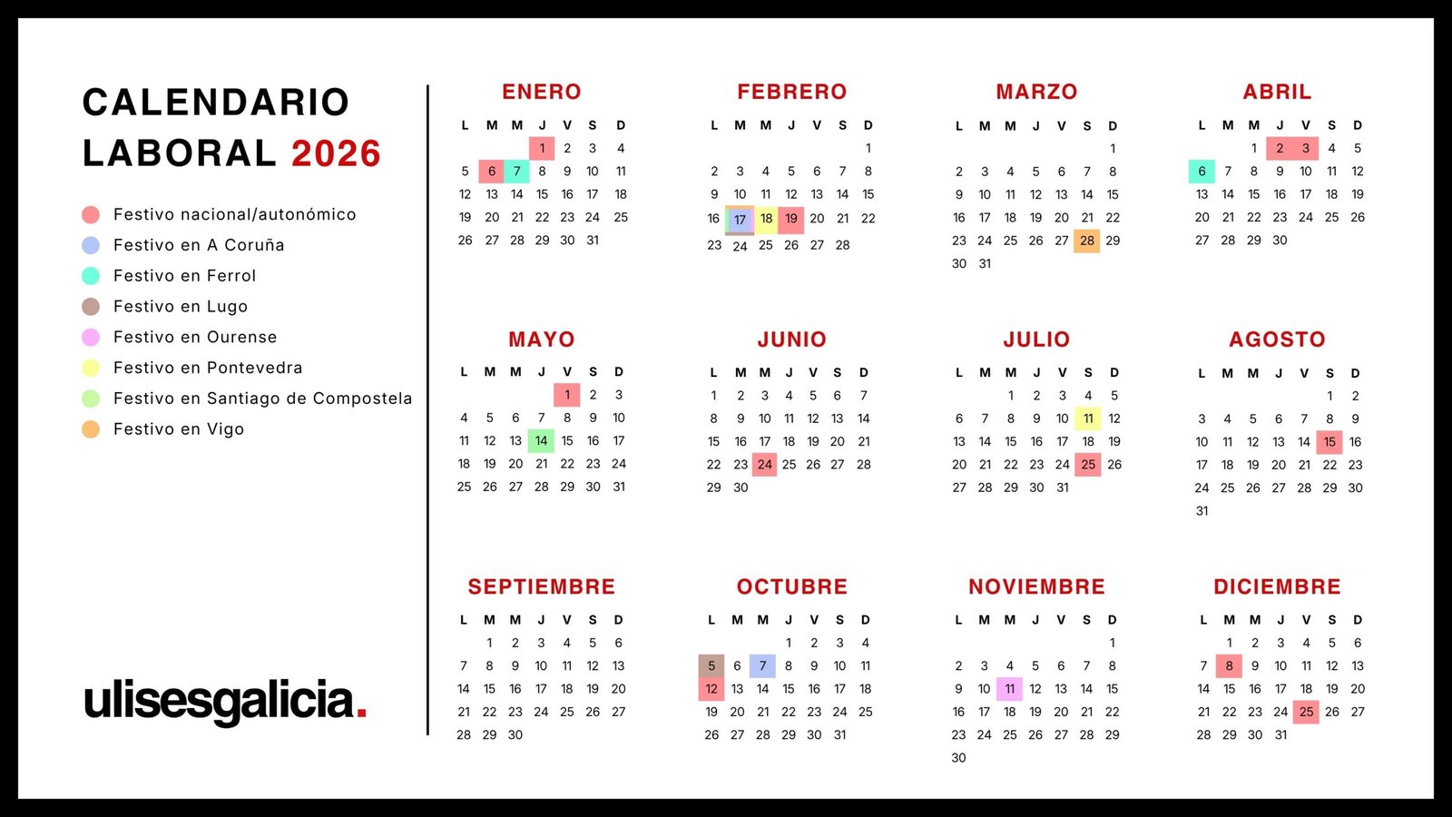 Calendario laboral de 2026 en Galicia | Ulises Galicia, noticias sobre economía, empresas, tecnología y marketing en Galicia