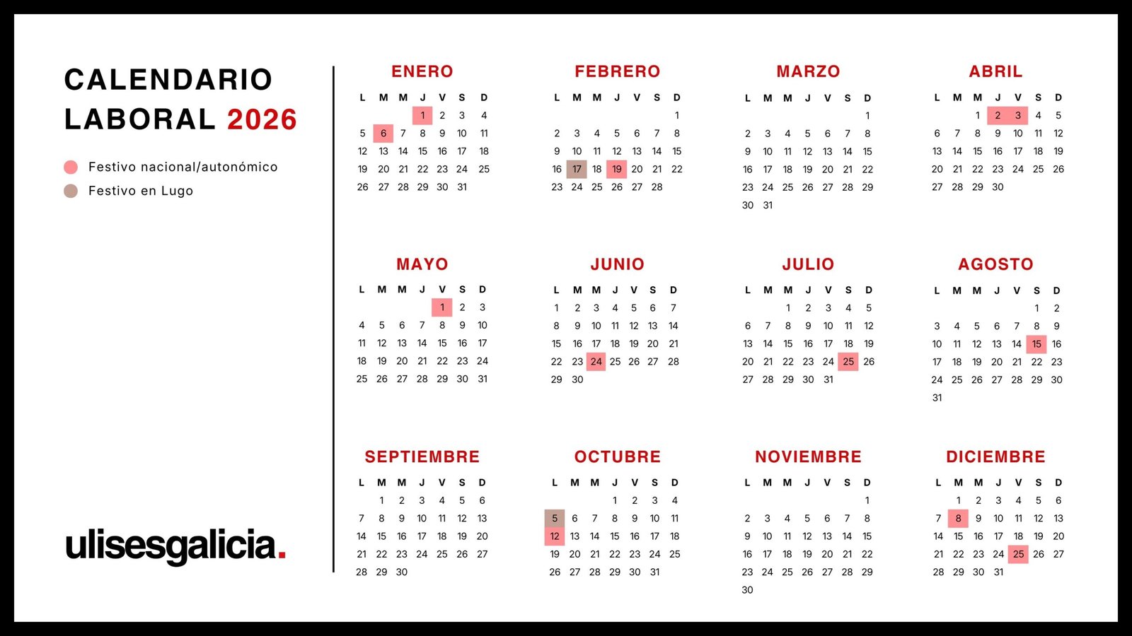 Calendario laboral de 2026 en Lugo | Ulises Galicia, noticias sobre economía, empresas, tecnología y marketing en Galicia