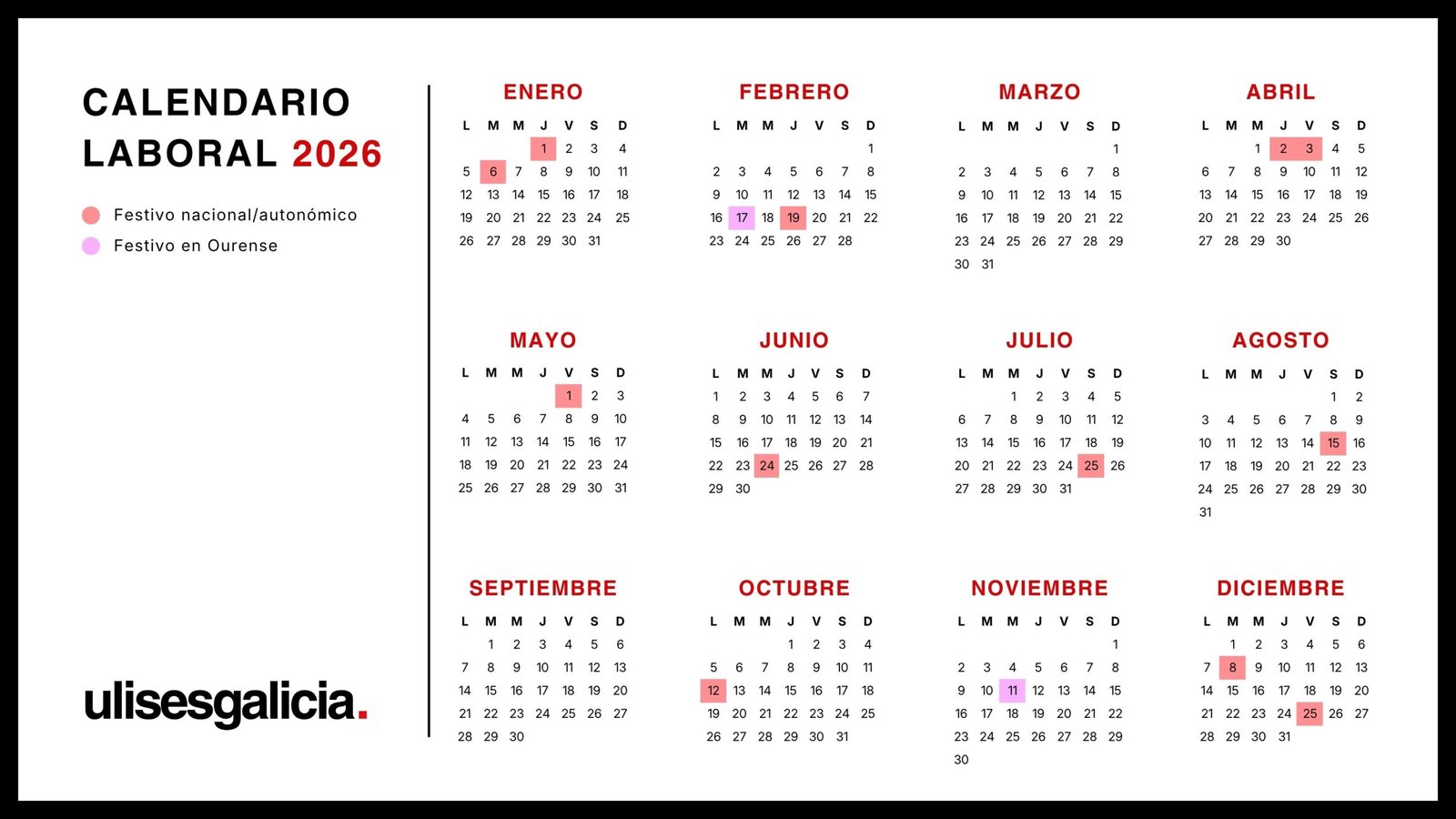 Calendario laboral de 2026 en Ourense | Ulises Galicia, noticias sobre economía, empresas, tecnología y marketing en Galicia