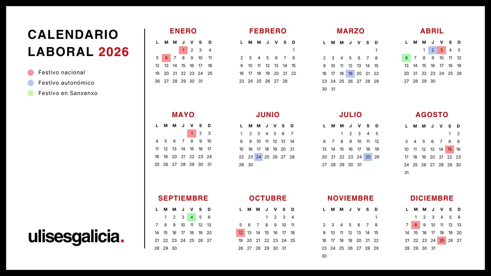 Calendario laboral de 2026 en Sanxenxo | Ulises Galicia, noticias sobre economía, empresas, tecnología y marketing en Galicia