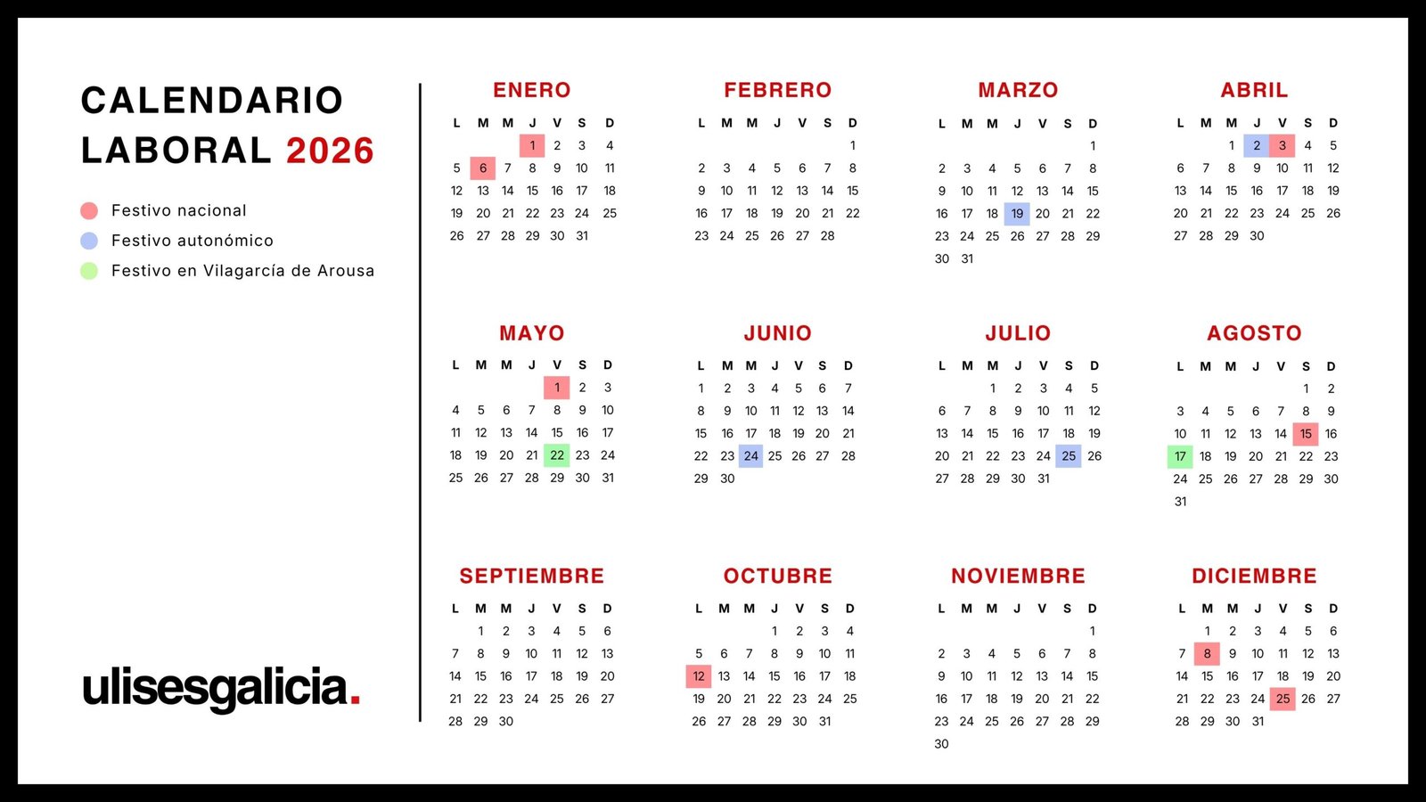 Calendario laboral de 2026 en Vilagarcía de Arousa | Ulises Galicia, noticias sobre economía, empresas, tecnología y marketing en Galicia